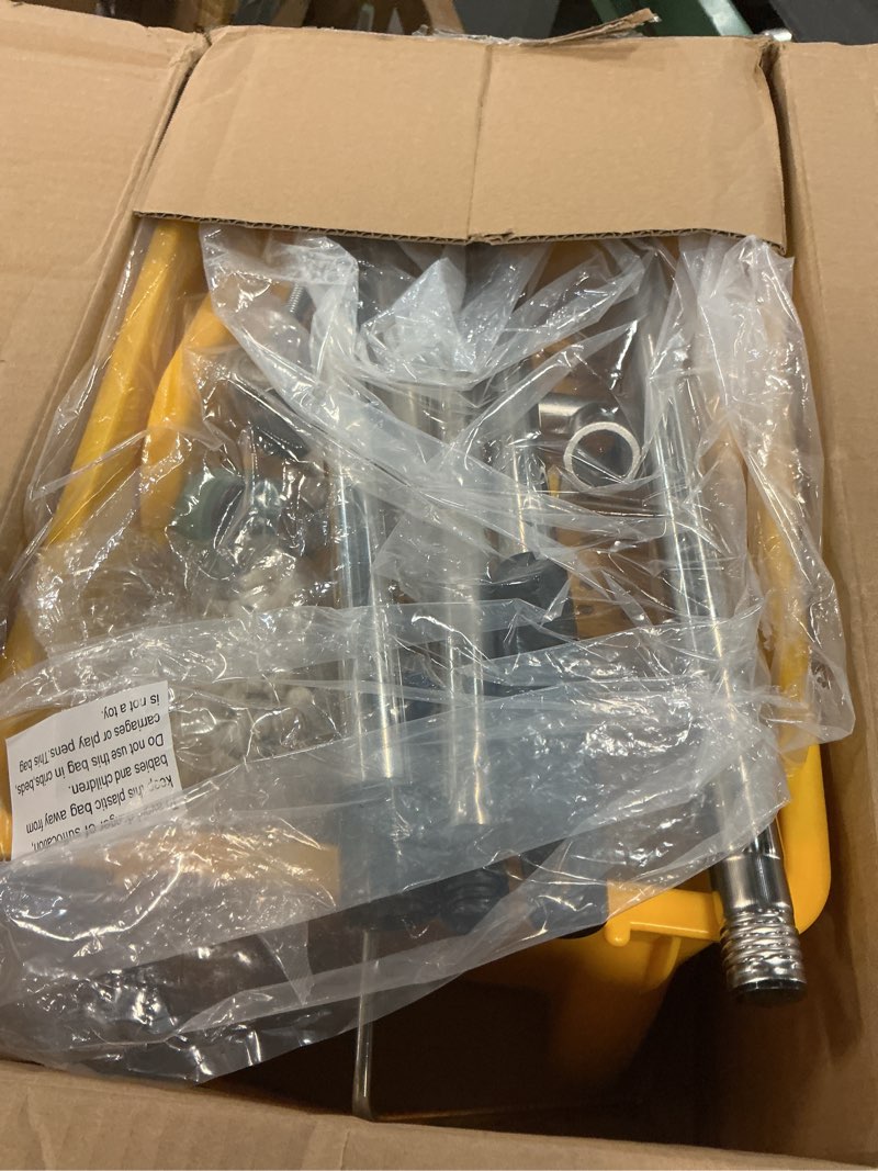 Condition photo showing As Is for mind reader mop and bucket set with wringer, mop included, 5.5 gallon cleaning system with wheels, upward press wringer, small mop compatible mop and mop bucket yellow