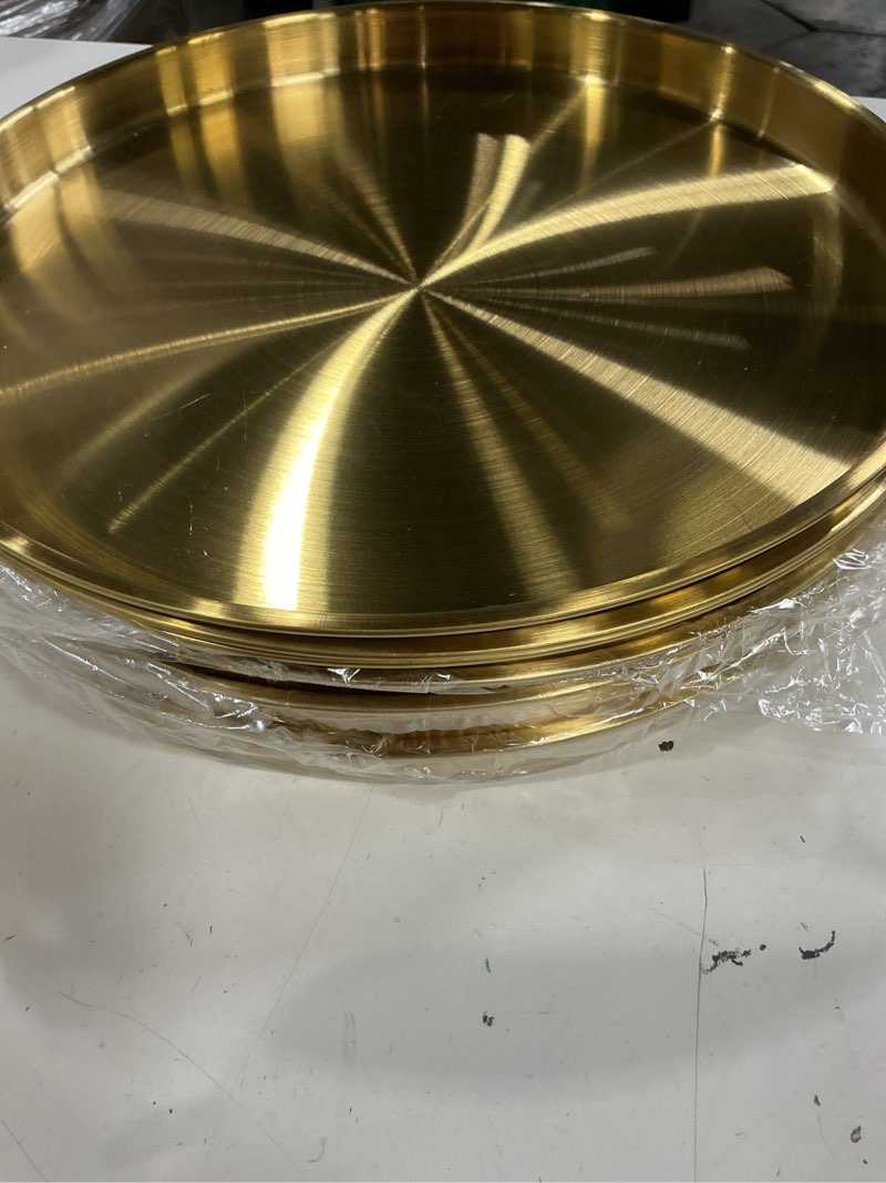 Condition photo showing Good Condition for 12 pcs 12 inch gold round serving tray, gold tray serving platter, stainless steel circle decorative vanity coffee table trays, jewelry makeup organizer, metal decor dishes