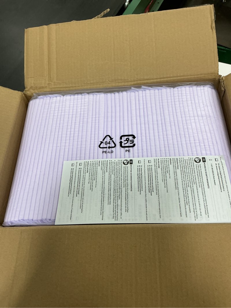 Condition photo showing New/Like New for Amazon Basics Cat Pee Pads, 100 Count, Universal Fit for Litter Box, Odor Control with Fresh Scent, White/Purple Fresh 16.9 x 11.4Inch