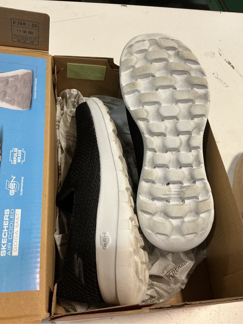 Condition photo showing As Is for 7.5 black skechers women's go walk joy sneaker 7.5 black/white