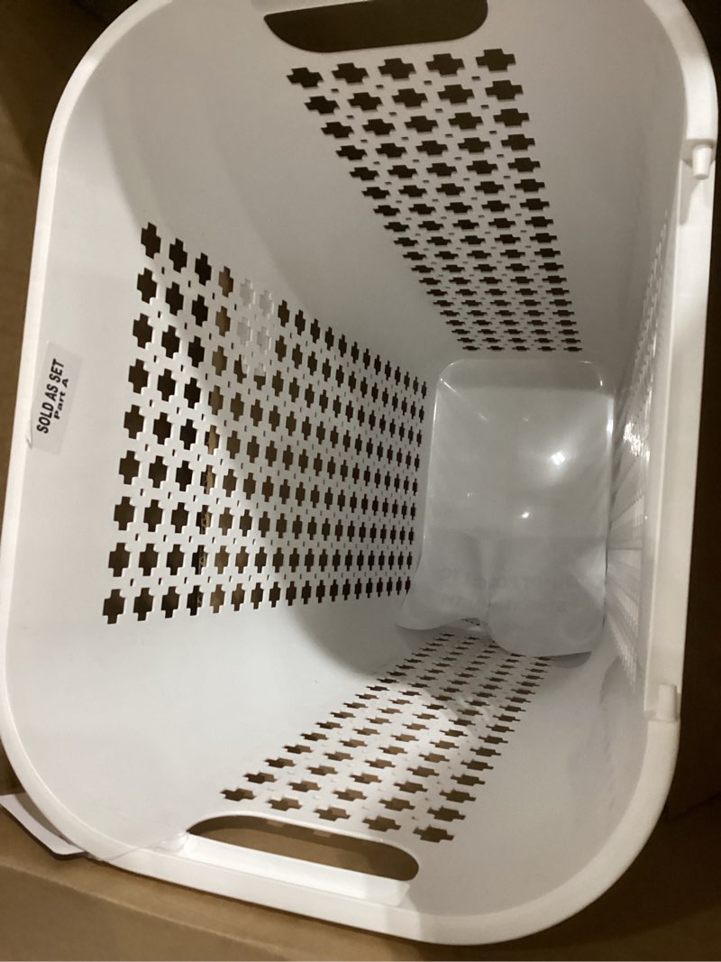 Condition photo showing Good Condition for Mind Reader Slim Tapered Laundry Hamper with Lid, Clothes Basket with Swiss Cross Cut-Outs, Lightweight & Ventilated, Plastic, 16.75"L x 12.75"W x 23"H, White