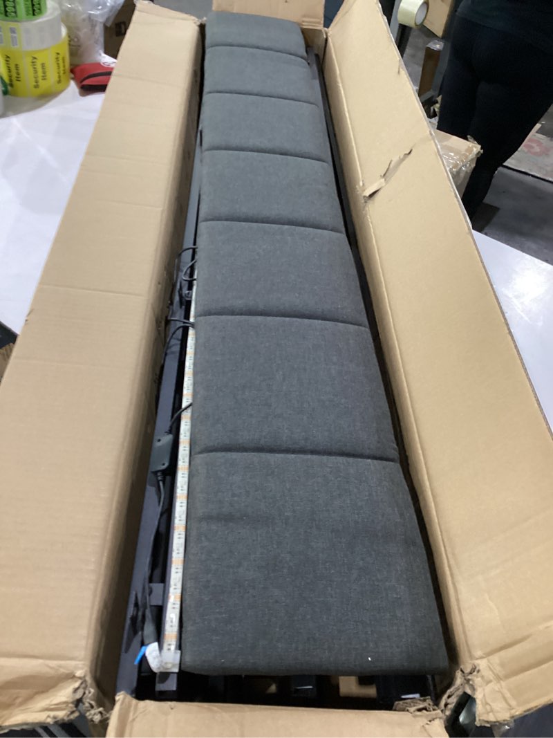 Condition photo showing Good Condition for twin bed frames with led lights and charging station, twin size platform bed with metal slats, wood headboard with 2 fabric drawers and storage shelves, no box spring needed, black twin classic