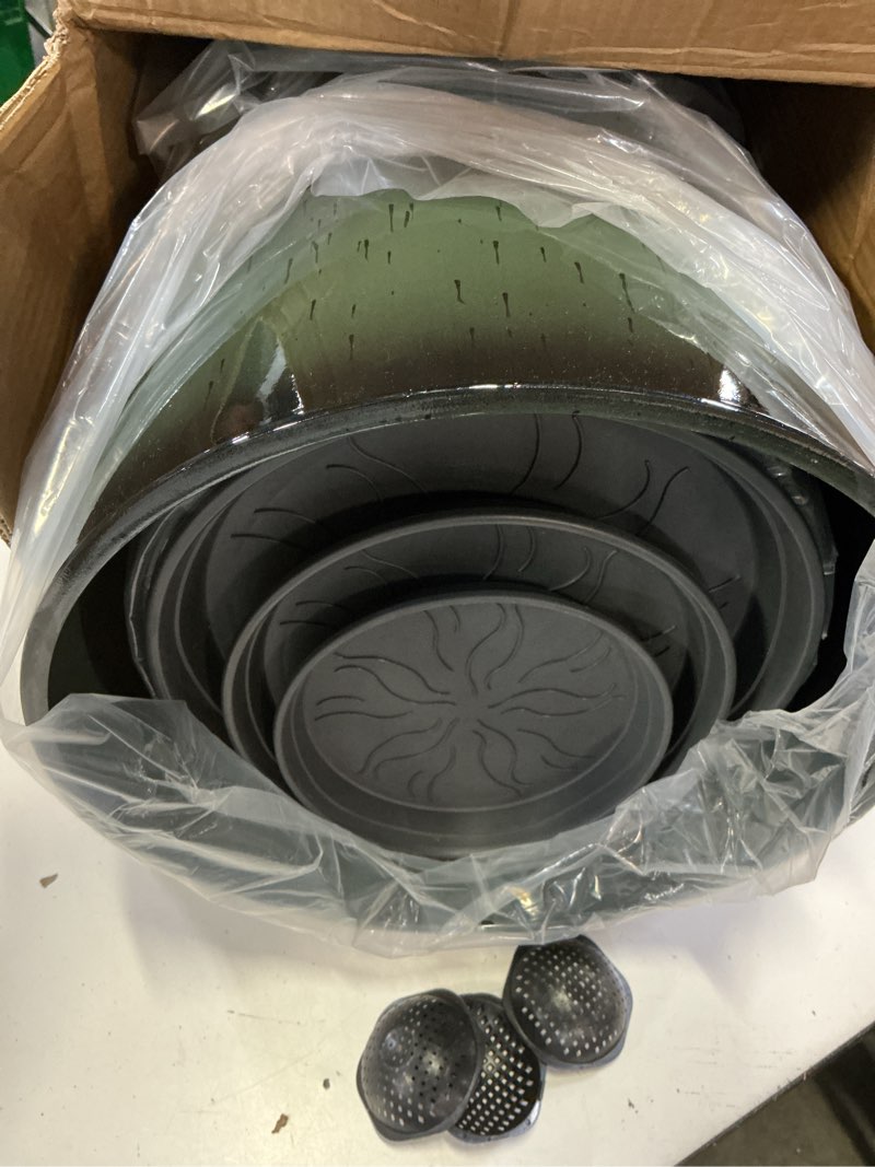 Condition photo showing Good Condition for 24,21,11 inch large plastic planters with drainage hole and saucer - set of 3 tall plant pots indoor flower pot tall round planters outdoor large tall planter dark green