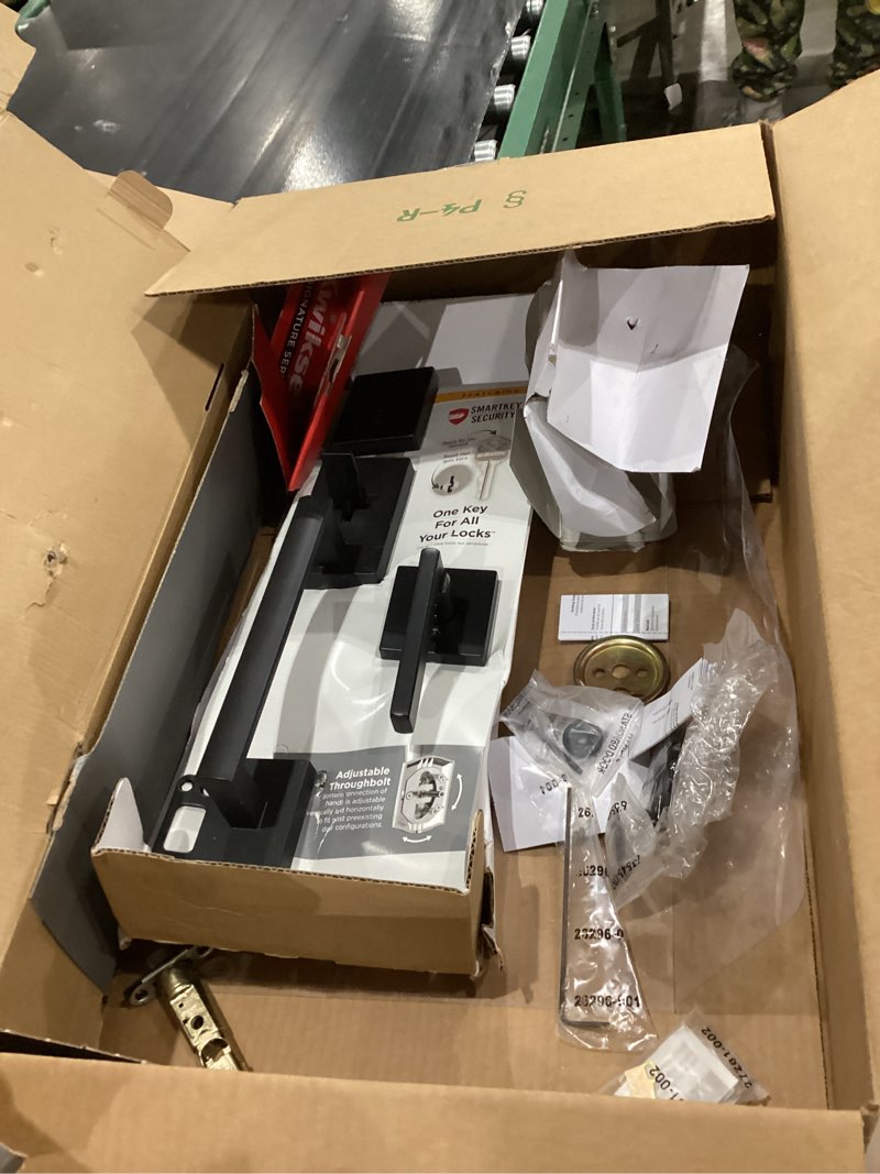 Condition photo showing As Is for Kwikset San Clemente Front Door Lock Handle and Deadbolt Set, Entry Handleset Exterior with Interior Reversible Lever, Matte Black, Pick Resistant SmartKey Rekey Deadbolt Security Matte Black With Handle Keyed Entry