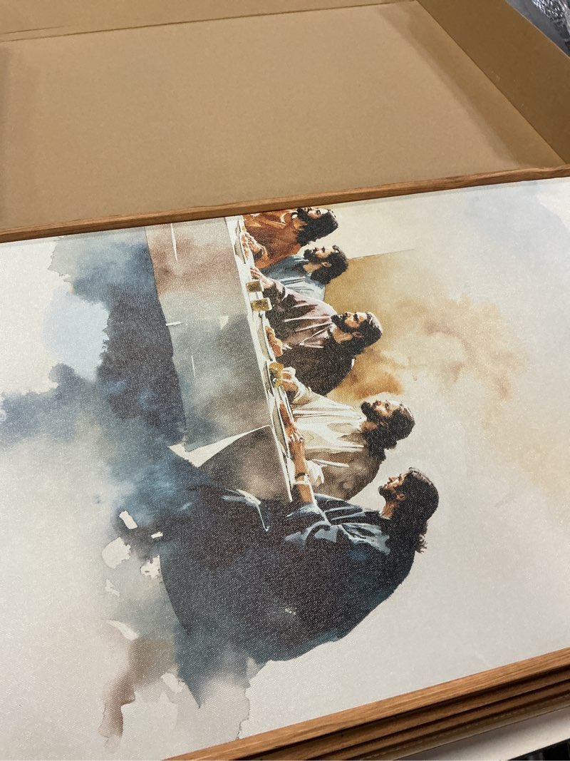 Condition photo showing Good Condition for Large Watercolor Jesus Last Supper Scene Framed Canvas Wall Art Set,Jesus and Twelve Apostles Wall Decor,Christmas Religious Bible Story Artwork for Living Room,Bedroom,Church-16 x24 x3 Jesus and Apostles Wall Art 16"L x 24"W
