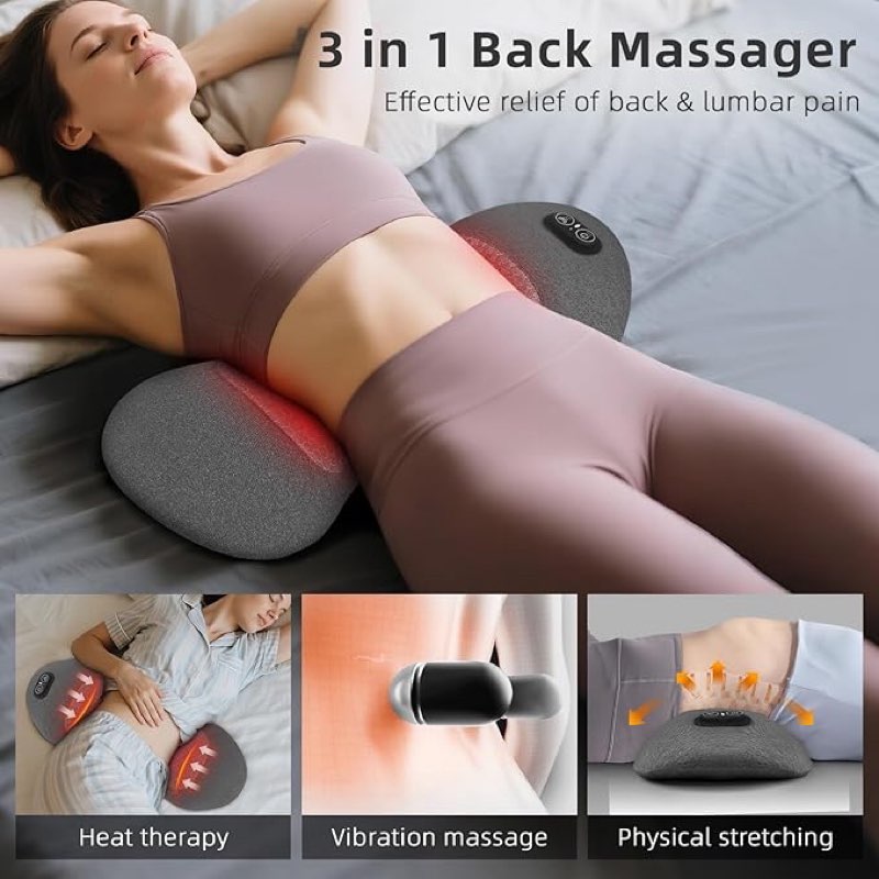 3-in-1 Back Massager with Heat & Vibration, Smooth Spine Triple Fusion Lumbar Support Pillow for Lower Back and Sciatica Pain Relief, Deep Tissue Relaxation for Bed or Office Chair