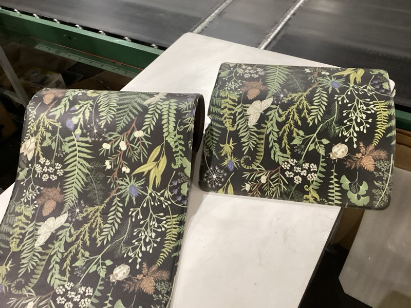 Condition photo showing As Is for *damaged* Black Green Botanical Kitchen Rugs Set of 2 Plant Leaf Anti-Fatigue Kitchen Mat Natural Comfort Standing Waterproof PVC Mats 2/5" Thick Leather Carpet for Laundry Office Sink(17.3" x28" + 17.3" x 59") Ink Moss Green 17.3 x 28 inch + 17.3 x 59 inch