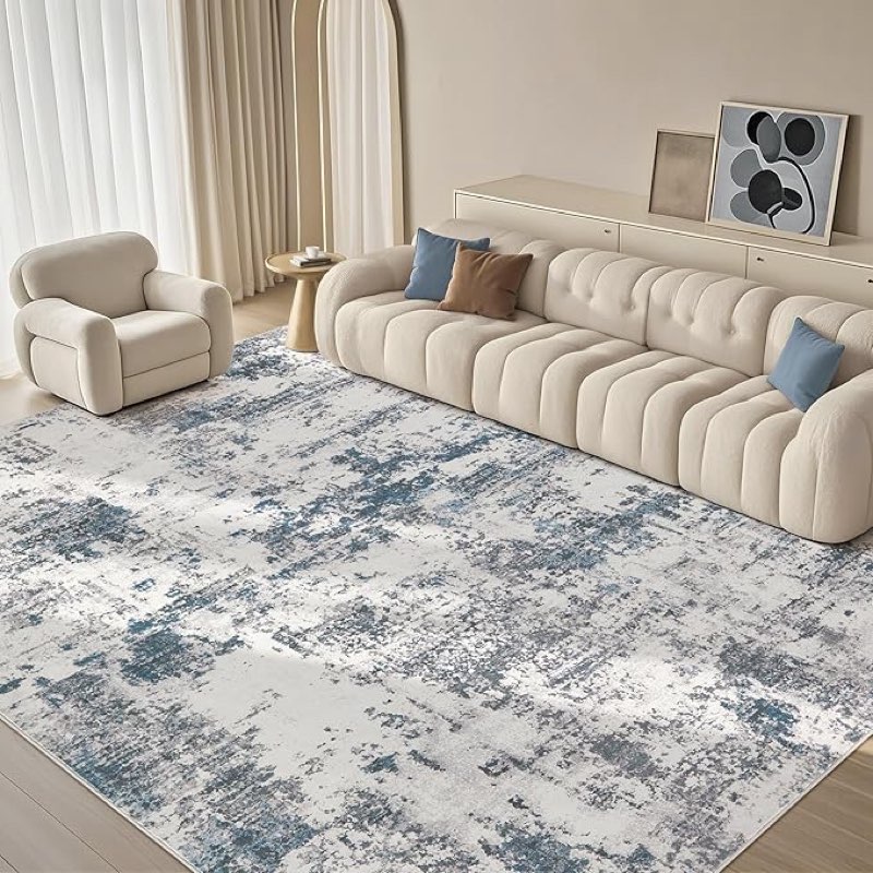 8X10 Washable Area Rug - Abstract Modern Neutral Large Rug Foldable Soft Thin Non Slip Low Pile Indoor Carpet Living Room Bedroom Farmhouse Dining Room Home Office Blue Grey