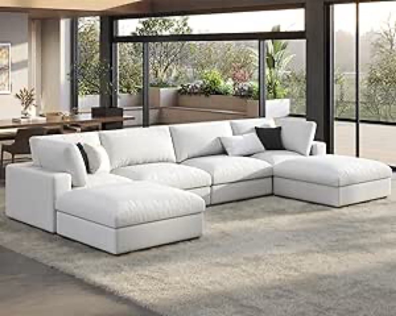 (Incomplete 1  boxes of 4 )Modular Sectional Sofa, 152 Inches Down Filled Sectional Sofa, 4 Seats L Shaped Cloud Couch With Chaise, Ottoman, Oversized Couch For Living Room, Linen Couch Set Body Fabric: White Linen