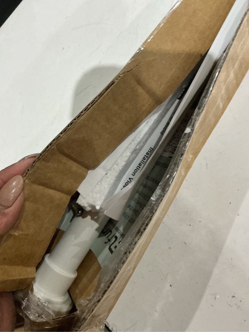 Condition photo showing As Is for heavy duty tension curtain rod by ezfurni, 35 to 76 inches, anti-slip spring loaded curtain rods no drilling, apartment renter-friendly tension rod for windows, bathroom, closet & door, white white 35-76 inches