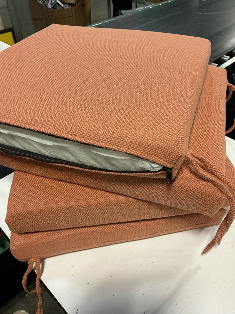 Condition photo showing Good Condition for outdoor chair cushions set of 4,350gsm fabric,water-resistant uv resistant weather resistant with ykk zippers, square corner patio chair cushions with ties, 20"x20"x3.1",tangerine tangerine 20"x20"x3.1"