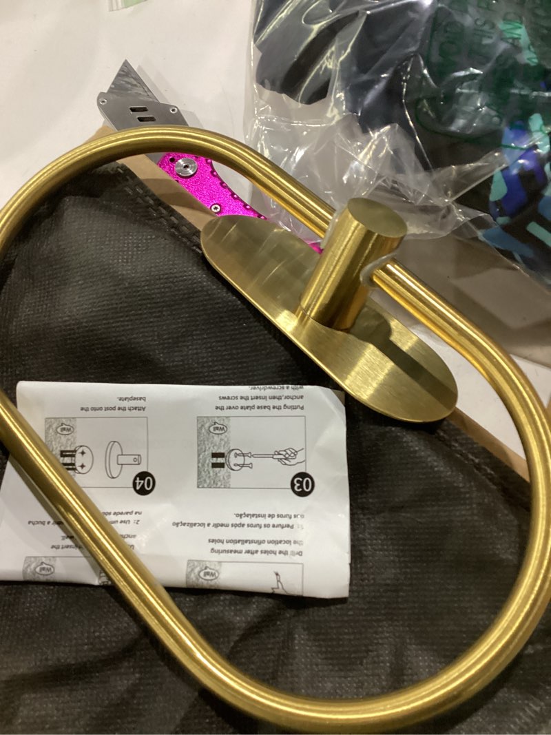 Condition photo showing As Is for self adhesive towel ring, brushed gold adhesive hand towel holder stainless steel oval hand towel ring no drilling modern hand towel hanger for bathroom kitchen accessories
