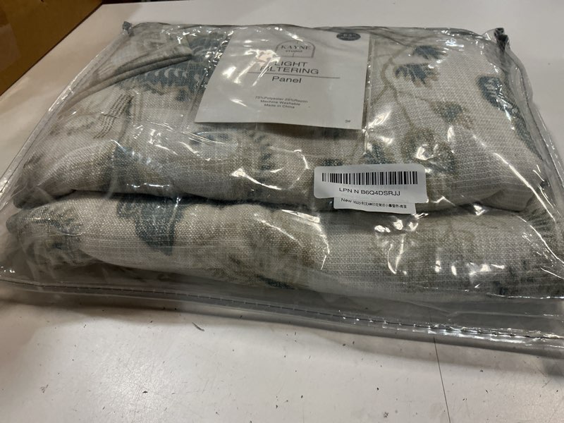 Condition photo showing New/Like New for kayne studio botanical print semi sheer curtains blue grey floral leaf farmhouse linen curtain drapes light filtering window treatments for living room bedroom rod pocket back tab,52"x63",2 panels 52"w x 63"l (pack of 2) blue grey
