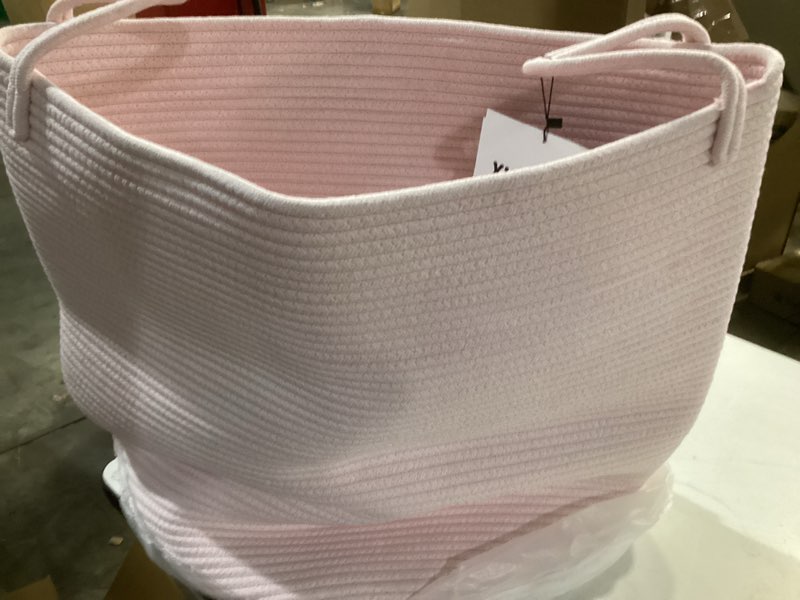 Condition photo showing Good Condition for Cotton Rope Laundry Basket Hamper for Clothes Woven Storage Basket for Living Room Bedroom Boho Tall Rope Baskets for Blanket Toys Pillow Towels Baby Nursery Hamper Bin Large light pink Large pink