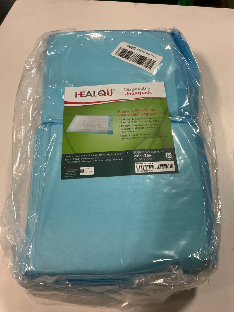 Condition photo showing New/Like New for Healqu Disposable Underpads - Absorbent Incontinence Bed Pads for Adults, Kids, Elderly, and Pets - Fluid and Urine Bed Protection - Large, Thick, Fluff and Polymer Chux (24x36 Pack of 50) 24x36" Pack of 50