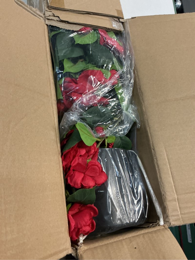 Condition photo showing Good Condition for artificial camellia tree 2 pack - realistic camellia plants in pot with red flowers, lifelike faux greenery for living room, patio, or wedding, red