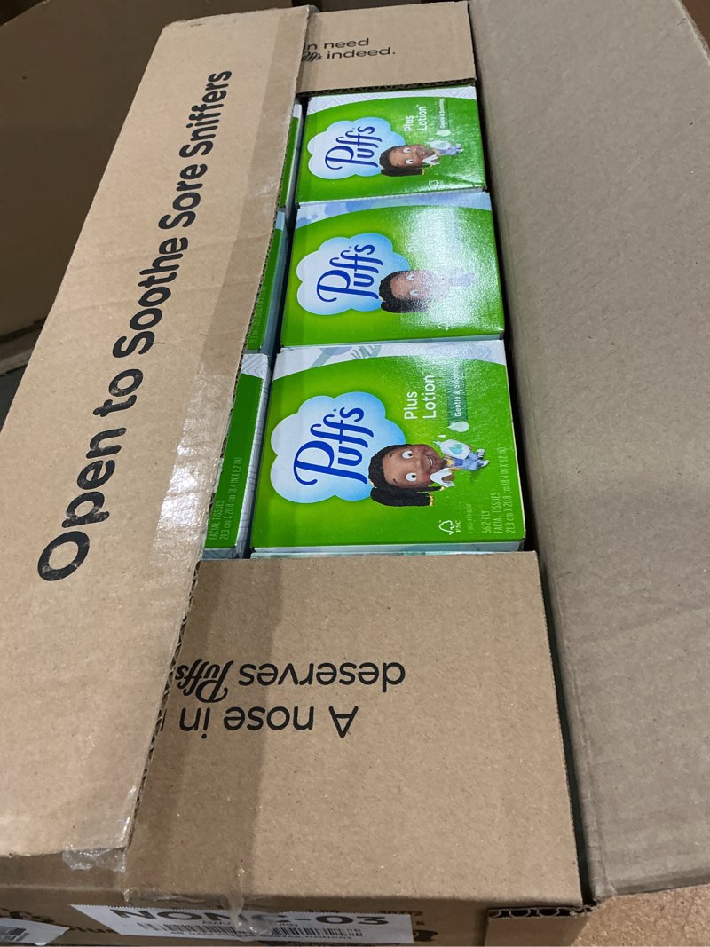 Condition photo showing Good Condition for puffs plus lotion facial tissues, 24 cube boxes (56 tissues per box) (old version)