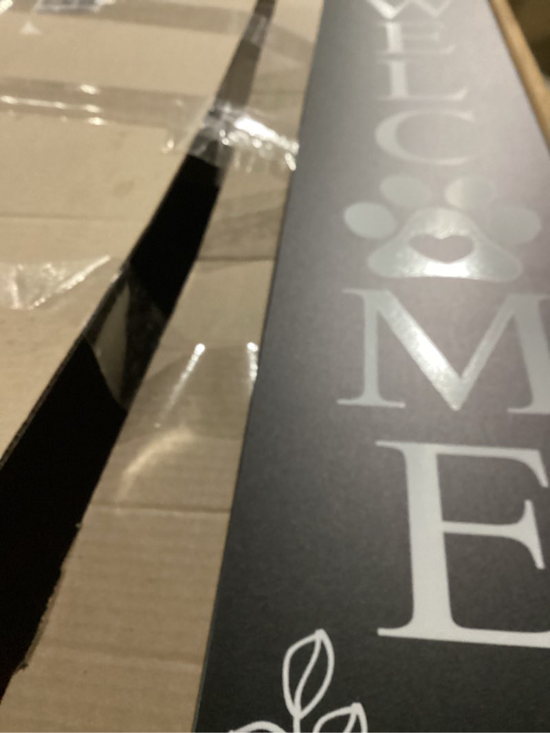 Condition photo showing New/Like New for outdoor welcome sign for front porch door decor, home sweet home sign door outside standing large 2 sided dog paw farmhouse modern wooden frame vertical leaner (45"x9" black) 45"x9" welcome home sweet home (black)