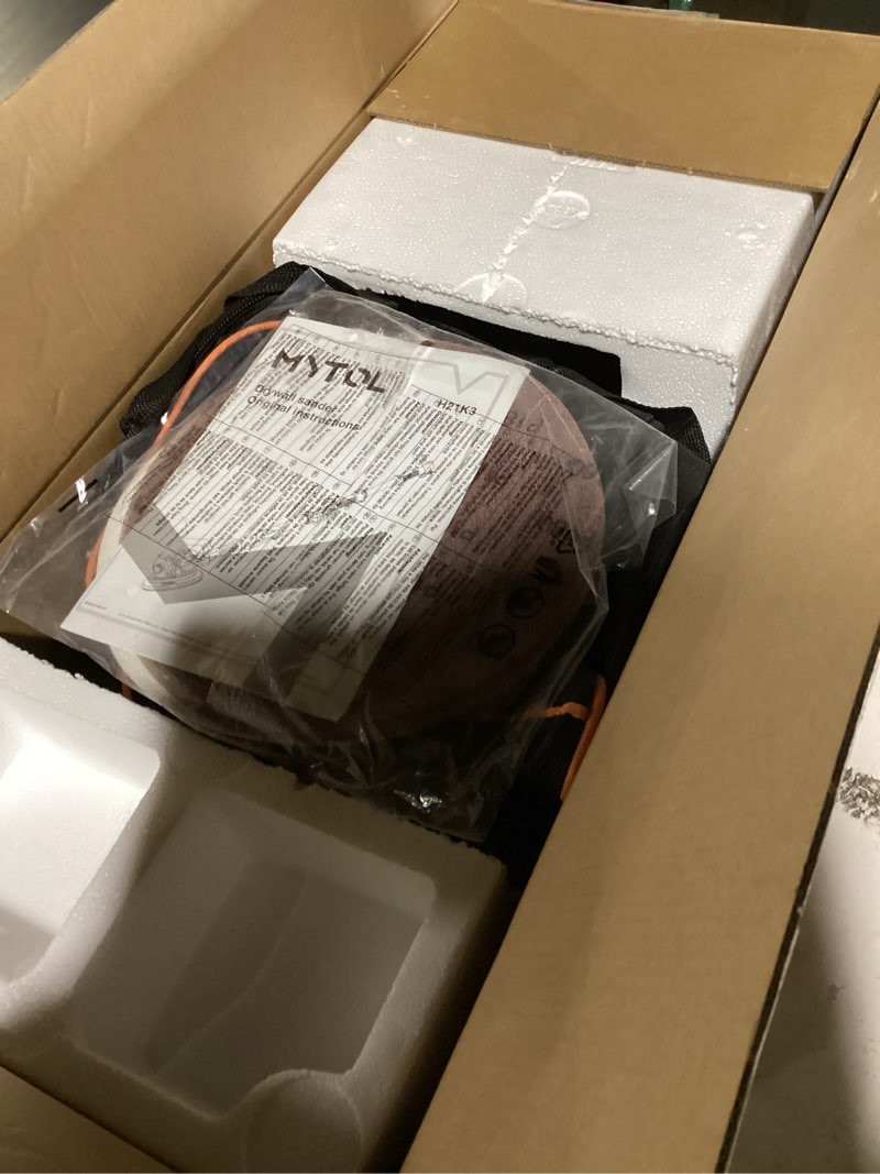 Condition photo showing As Is for electric drywall sander with vacuum dust collection, variable speed, led light, foldable handle, sanding discs & grids orange