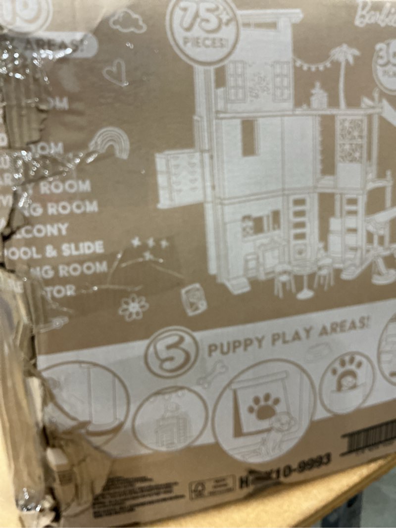 Condition photo showing As Is for barbie dreamhouse pool party doll house with 75+ pc, 3 story slide: adult assembly, fits 12 inch dolls
