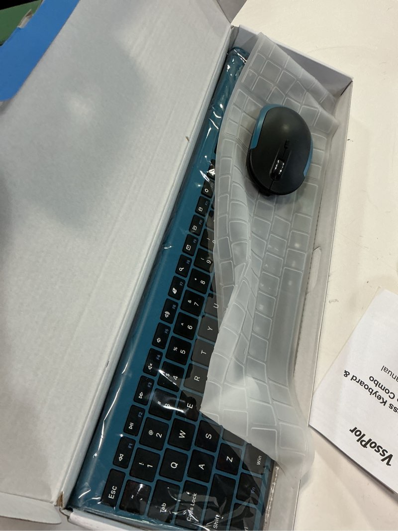 Condition photo showing Good Condition for wireless keyboard and mouse, vssoplor 2.4ghz rechargeable quiet full-size keyboard and mouse combo with nano usb receiver for windows, laptop, pc, notebook-black and blue