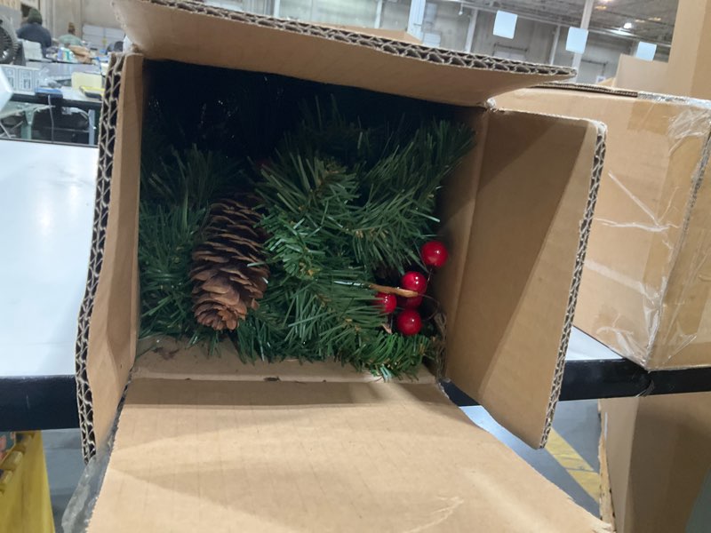 Condition photo showing Good Condition for national tree company 9 ft pre-lit crestwood spruce artificial christmas garland, christmas decoration with glitter, pinecones, red berries, 50 clear lights, 180 tips, green plug in tree