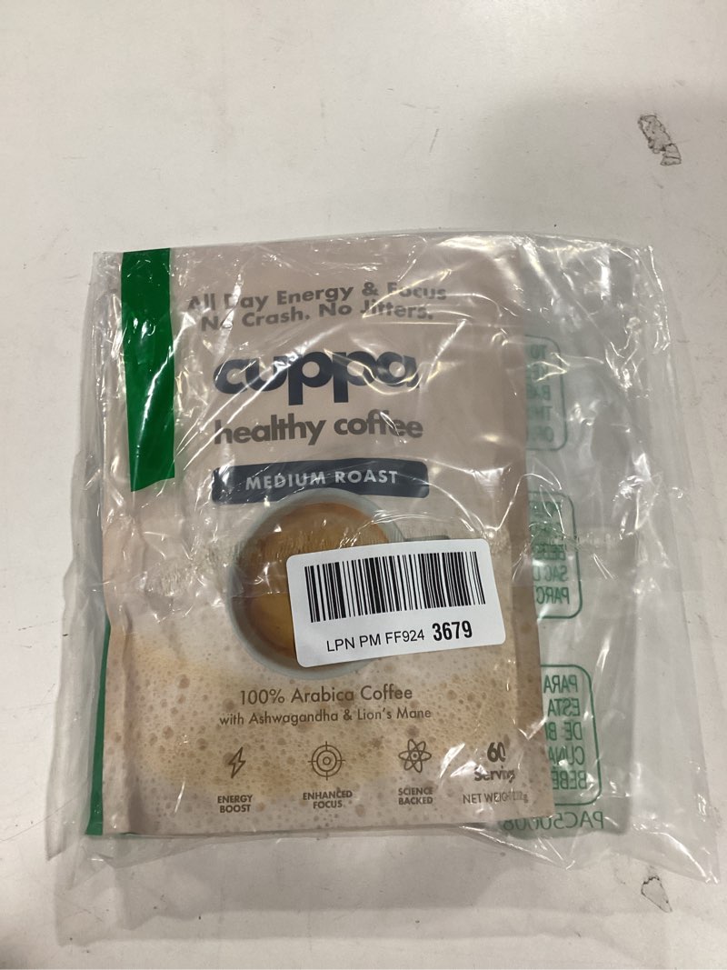 Condition photo showing Good Condition for Cuppa Healthy Mushroom Insant Coffee with Lion's Mane & Ashwagandha for All Day Energy & Focus - No Crash or Jitters - Nootropics for Brain Health, Gut Health, Immunity, Stress, Memory + Mood (30 Servings, Medium Roast)