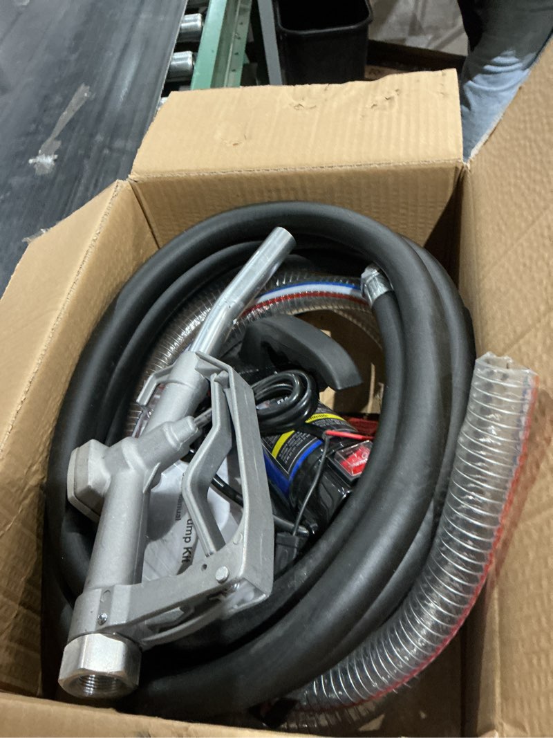 Condition photo showing As Is for orion motor tech diesel transfer pump, 12 volt fuel transfer pump with nozzle hoses for transferring diesel, kerosene, self priming dc electric fuel pump kit, oil not included 12gpm diesel pump kit