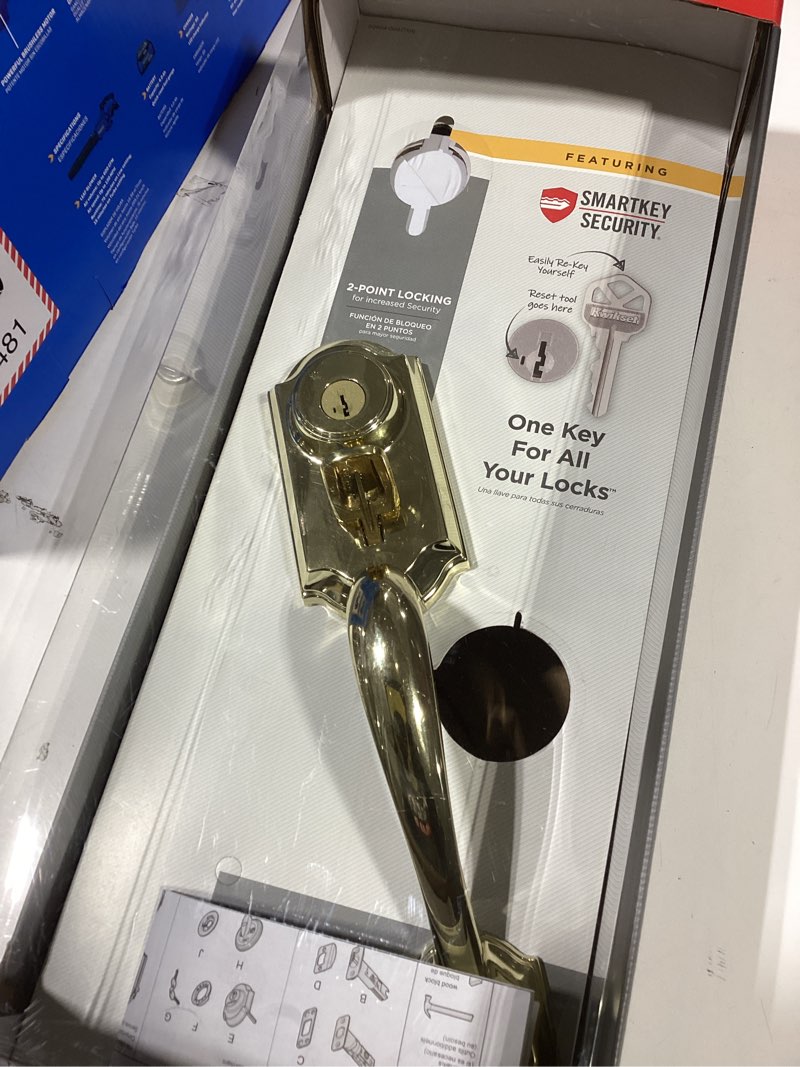 Condition photo showing As Is for montara polished brass single cylinder door handleset with juno entry door knob featuring smartkey security