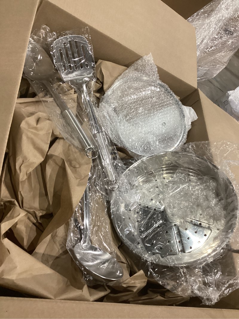 Condition photo showing Good Condition for stainless steel cookware set - 15 pieces pots and pans nonstick pot and pan set includes 1 frying pans, 5 pots, 6 lids and 3 utensils, with stay cooling handle, induction & oven safe silver 15p