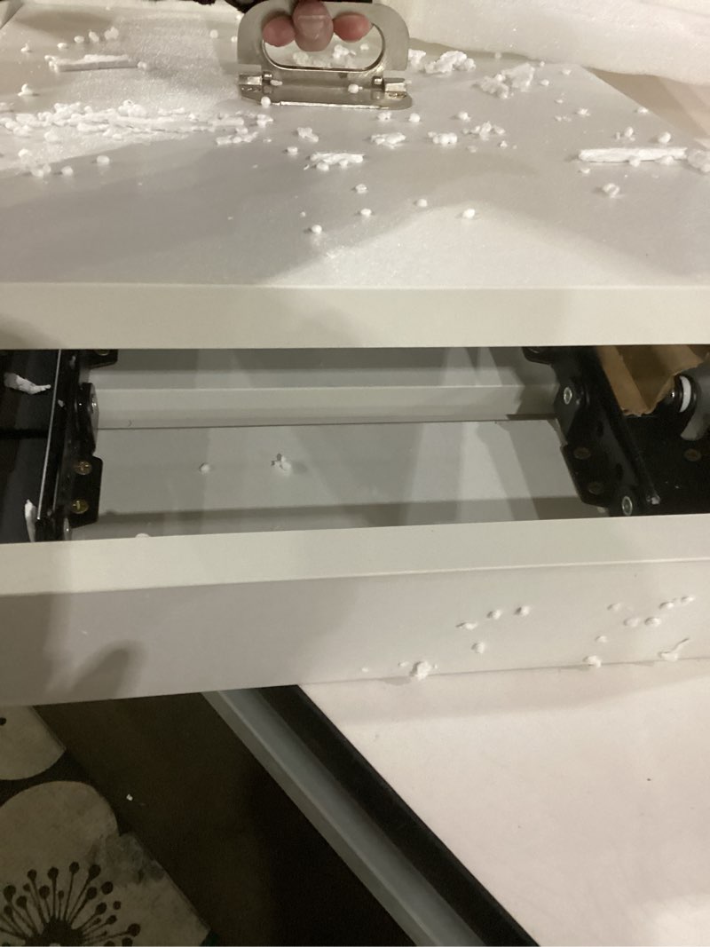 Condition photo showing As Is for white wall mounted shoe changing bench 