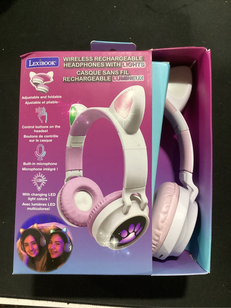 Condition photo showing New/Like New for lexibook - 2-in-1 wireless rechargeable headphones with lights - stereo sound, wireless wired, foldable, adjustable, led lights - hpbtkt cat ears