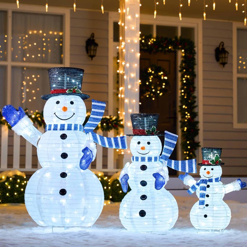 JOIEDOMI 3 Pcs 3D Christmas Collapsible Snowman Yard Light 270 Pre-Lit LED Cool White Lights for Ind
