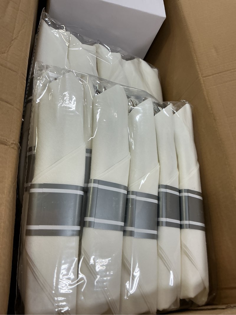 Condition photo showing Good Condition for Liacere 350PCS Silver Plastic Plates&Pre Rolled Napkins for 50 Guests - Plastic Dinnerware Sets 100Silver Disposable Plates, 150Silver Silverware, 50Cups and 50Napkins for Christmas White Silver