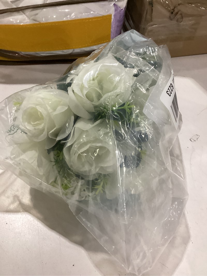 Condition photo showing Good Condition for wedding bouquets for bride & bridesmaid - realistic silk flowers artificial roses, 8 inch bridesmaid bouquet for ceremony, church, anniversary, and home decoration (white & blue)