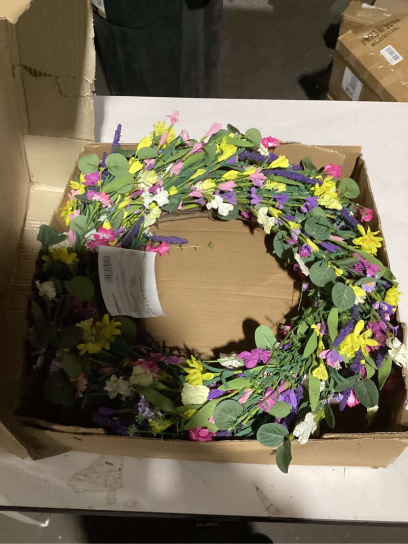 Condition photo showing As Is for J'FLORU Large Spring Wreaths for Front Door 28 Inch Artificial Spring Wreath Summer Flower Wreath with Daisy and Lavender for Indoor Outdoor Wall Window and Easter Celebration