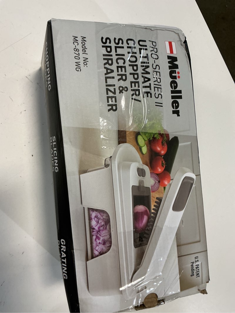 Condition photo showing New/Like New for mueller pro-series all-in-one, 12 blade mandoline slicer for kitchen, food chopper, vegetable slicer and spiralizer, cutter, dicer, grater, kitchen gadgets sets with container, white sand/gray