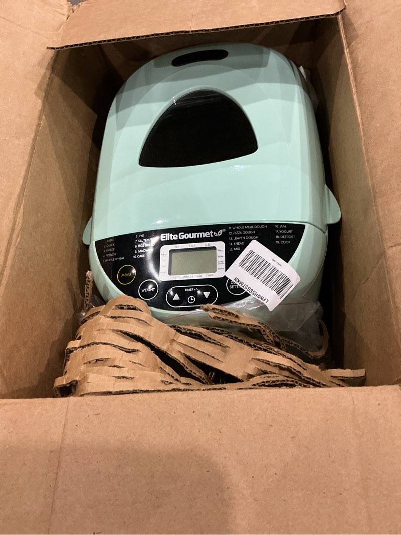 Condition photo showing As Is for elite gourmet programmable bread maker, 2 lb loaf, 3 sizes, 19 presets incl. gluten-free, dough & jam, delay timer, mint