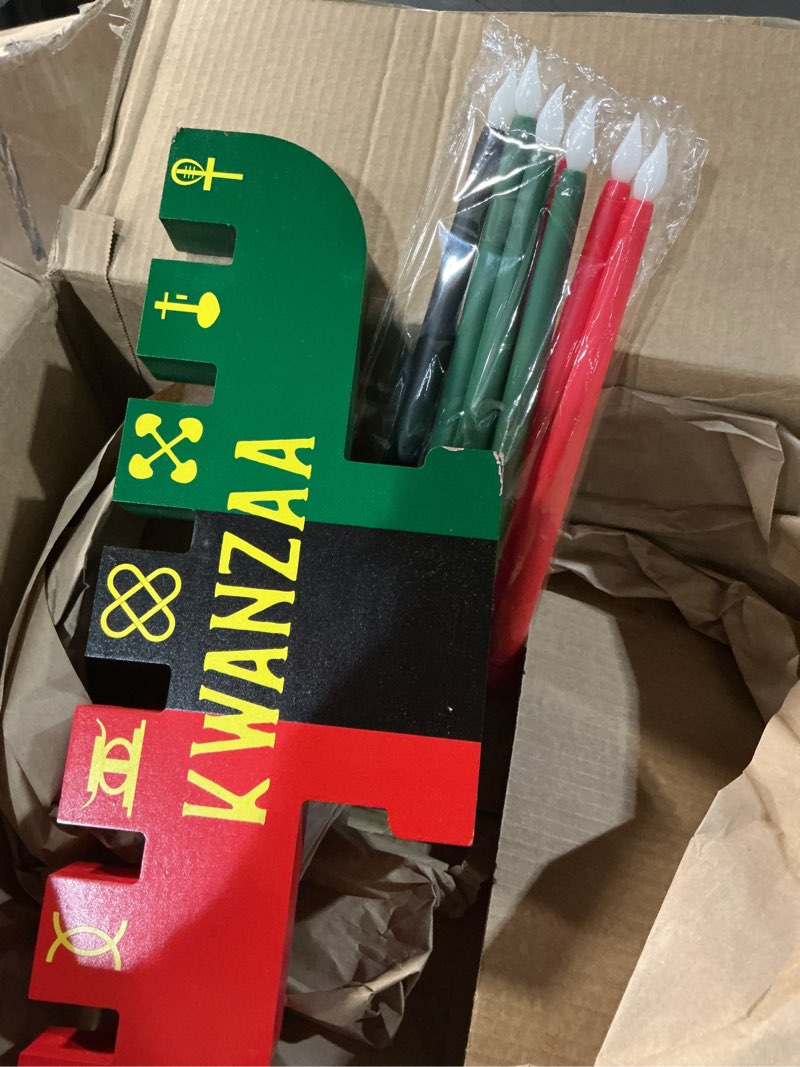 Condition photo showing Good Condition for 8 Pcs Kwanzaa Candle Set Includes 7 Pcs Red Green Black Flameless Taper Candles and 1 Pc Wooden Handmade Kinara Candle Holder, Electric Kwanzaa Decorations for Africa Celebration Table