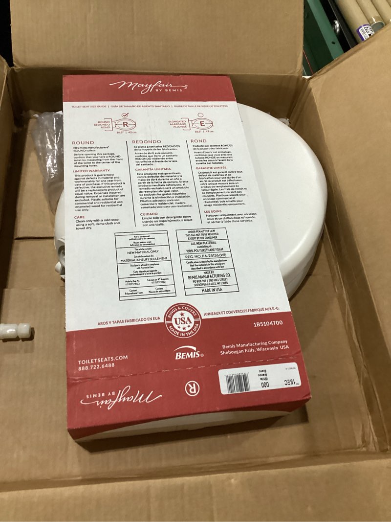 Condition photo showing Good Condition for Mayfair Padded Toilet Seat, Cushioned Soft Vinyl over Wood Core Seat, Secure Hinges, Easy Clean, Made in USA, Round, White