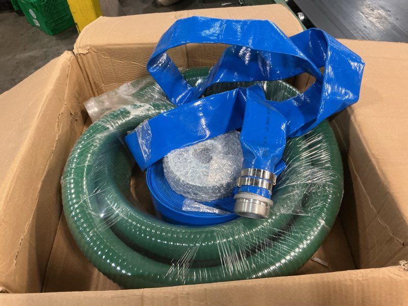Condition photo showing Good Condition for discharge hose pump kit includes 3" x 65' blue pvc lay-flat backwash hose & 3" x 20' green pvc suction hose & steel round hole suction strainer & cam and groove adapter, for water/trash pump 3 inch