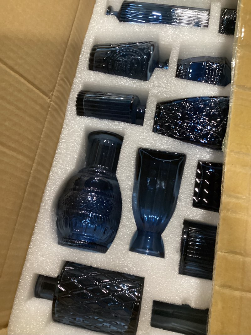 Condition photo showing Good Condition for glass bud vases set of 32 - blue assorted small mini glass vases for flowers, crystal vintage vase set, bulk centerpieces for table décor, wedding, home and events (blue, 32 pcs) blue 32 pcs