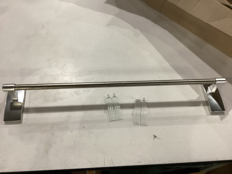 Condition photo showing New/Like New for Command Bath Satin Nickel Towel Bar with Water Resistant Command Strips, Bathroom Organizer, 24 in Bar Length Holds up to 10 lbs