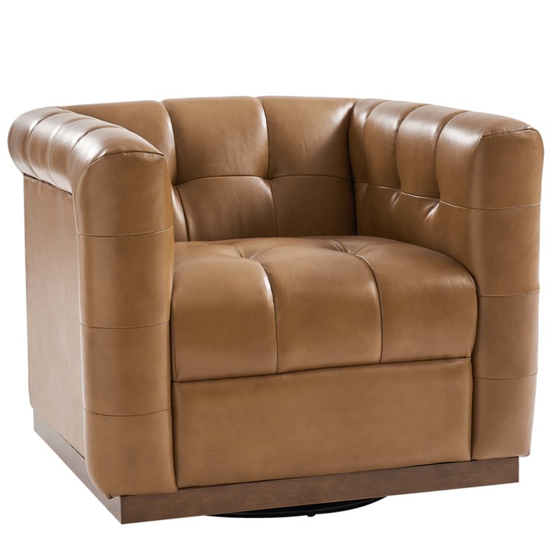 Arnold Genuine Leather Swivel Club Chair in Camel