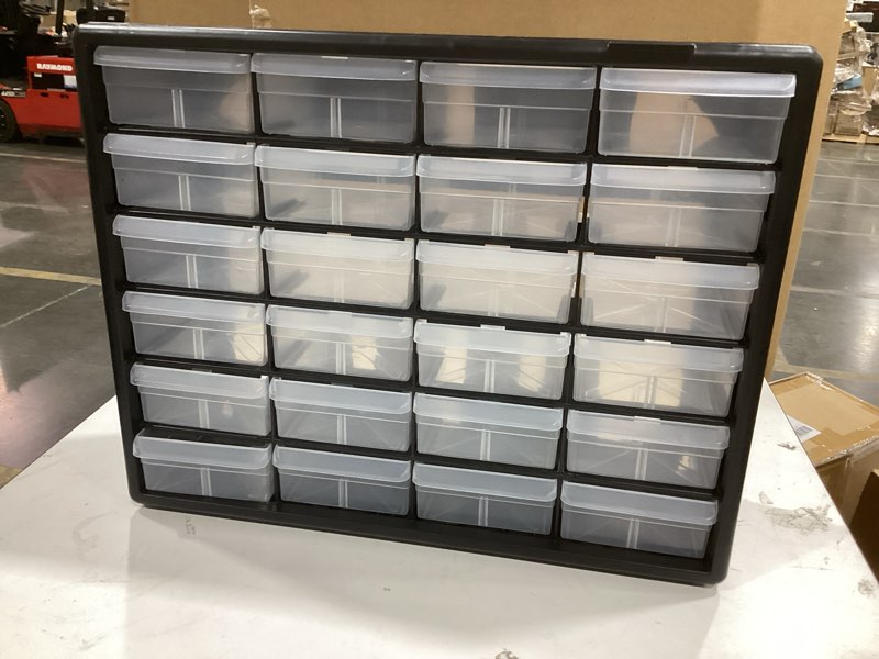 Condition photo showing As Is for akro-mils 24-drawer plastic drawer storage cabinet for garage organization, bead organizer, building bricks storage, teacher toolbox, makeup organizer, 20" w x 6" d x 16" h, 10724 black 24 drawer