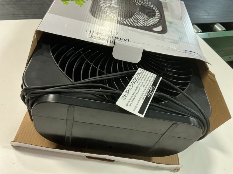 Condition photo showing As Is for mainstays 9" 3-speed indoor personal table electric fan, portable handle, white, model#fn2006w