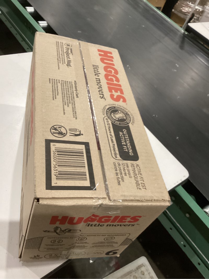 Condition photo showing Good Condition for huggies size 6 diapers, little movers baby diapers, size 6 (35+ lbs), 108 count (2 packs of 54), packaging may vary