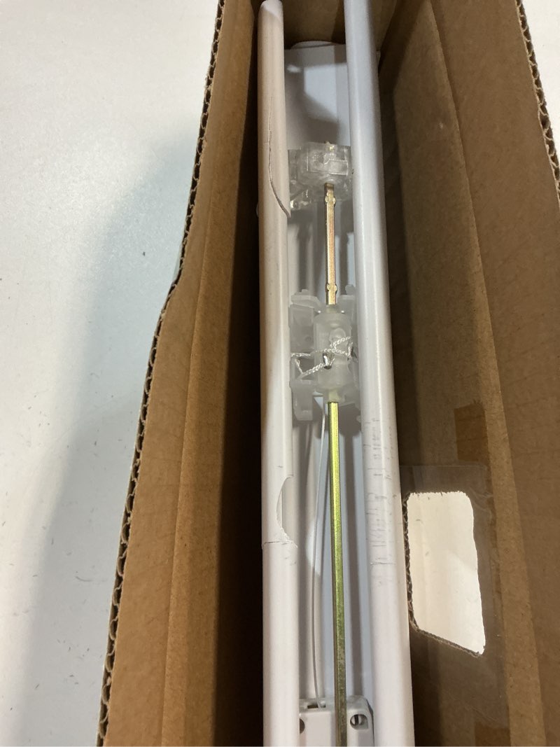 Condition photo showing As Is for Project Source Light Filtering 1-in Slat Width 70-in x 64-in Cordless White Vinyl Light Filtering Mini-blind