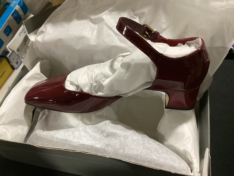 Condition photo showing New/Like New for coutgo womens chunky low heels closed square toe ankle strap pumps wedding prom dress shoes burgundy 9