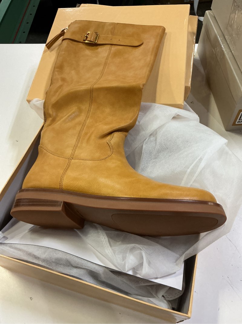 Condition photo showing New/Like New for women's knee high boots chunky heel square toe tall boots for women low heel back zipper boots 6 banana-yellow